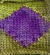 a knitted square with a purple and yellow diamond
